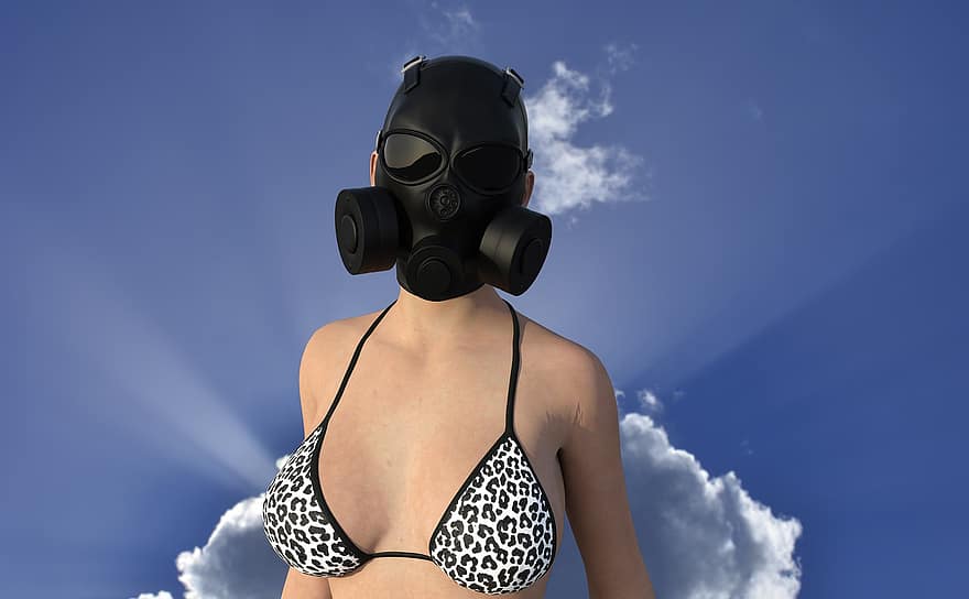 dona, model, màscara de gas, màscara facial, covid-19, 3d, render, coronavirus, pandèmia, protecció