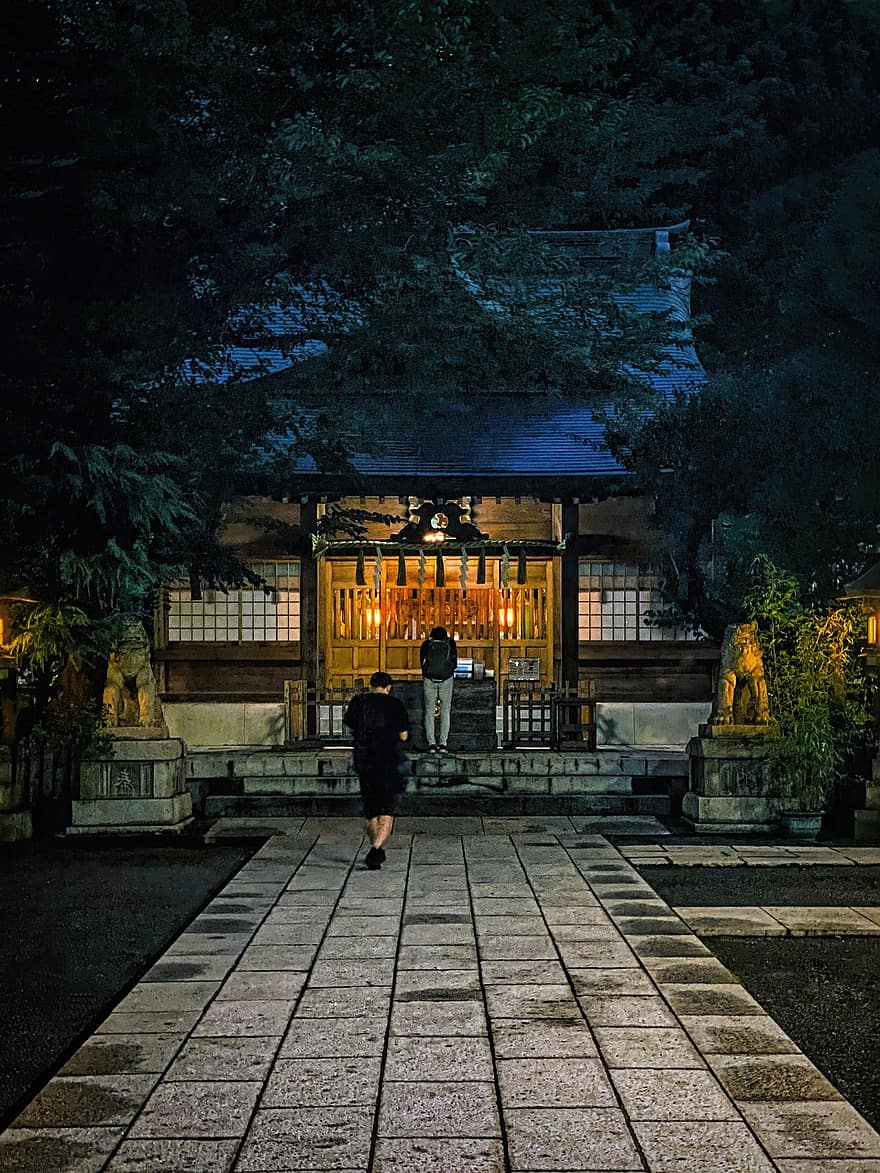 naktis, tamsus, šinto, šventykla, Tokijas, Japonija, šviesos, apšvietimas, vyrai, architektūra, žinoma vieta