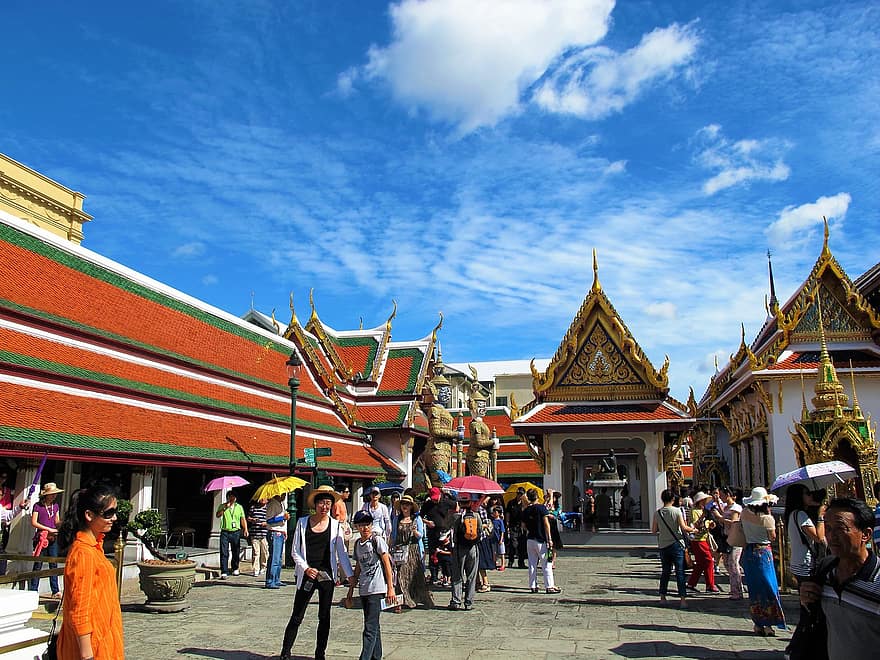 tempel van de smaragdgroene boeddha, groots paleis, Bangkok, Thailand, wat phra kaew, paleis, architectuur, historisch, mijlpaal, menigte, mensen