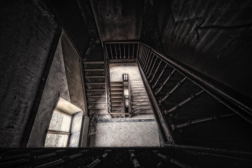 pfor, merdiven boşluğu, merdivenler, koridor, aşamaları, ev, kayıp yerler, korkuluk, eski ev, geçmiş