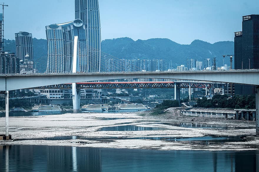 chongqing, bro, stadsbild, skyskrapor, byggnader, flod, fartyg, kryssningsfartyg, kryssning, flodkryssning