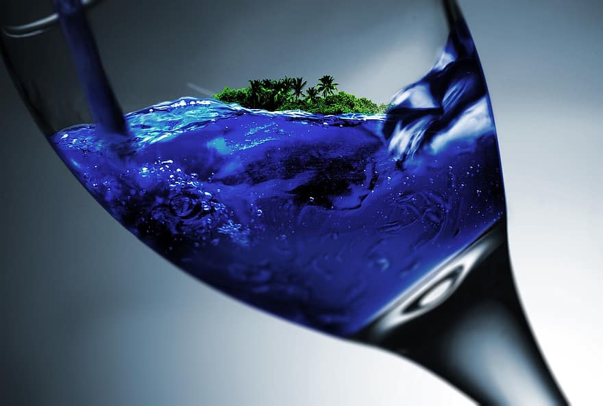 verre, verre de vin, île, eau, les vacances, rêver, rêves, ambiance, transparent, liquide, tasse à boire