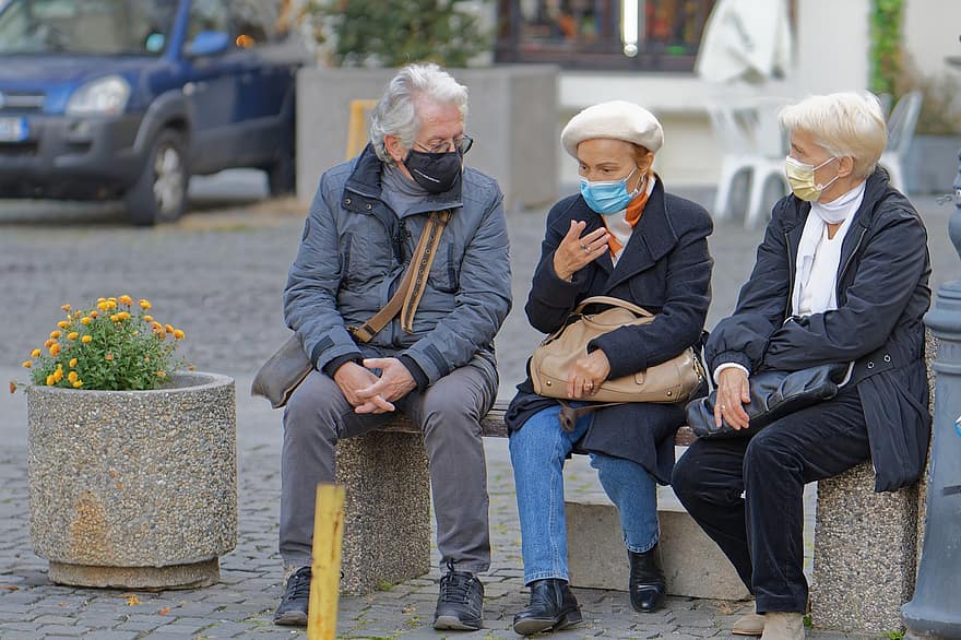 Elderly People, Pandemic, Outdoors, Face Masks, People, City, men, senior adult, adult, sitting, women