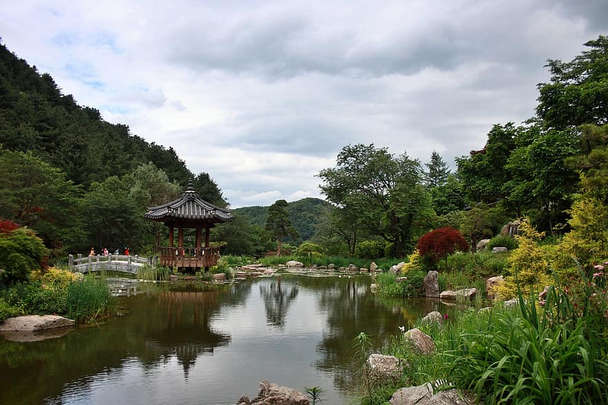 Republik Korea, Arboretum, Park, Landschaft, im Wald, Holz, Pflanzen, abstrakt, Himmel, Blau, Grün