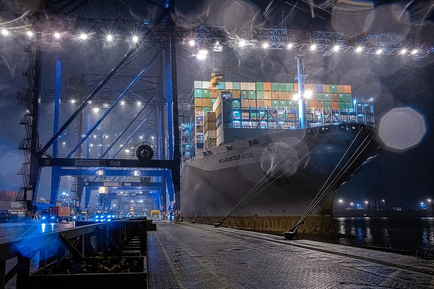 tàu container, Oocl Scandinavia, người chở hàng, Tàu chở hàng, bến tàu thương mại, đêm, Đang chuyển hàng, vận chuyển, tàu hải lý, tàu công nghiệp, thùng chở hàng