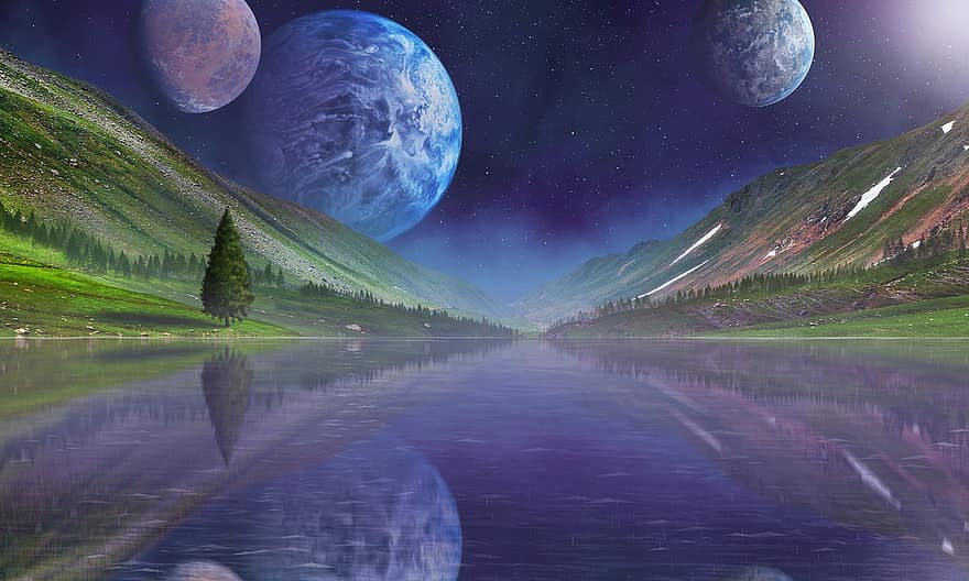 スペース、惑星、宇宙、月、銀河、天文学、空、星、雰囲気、地球、湖
