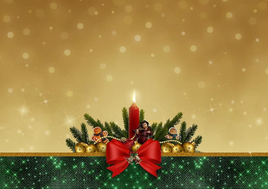 motivo de natal, vela, azevinho, Pão de gengibre, christbaumkugeln, enfeites de Natal, laço, bokeh, ouro, glitter, copie o espaço