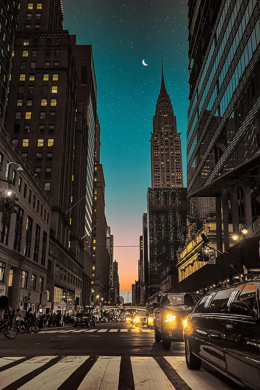 épületek, forgalom, utca, autók, Empire State Building, felhőkarcoló, New York, Manhattan, városi fények, sugárút, városi