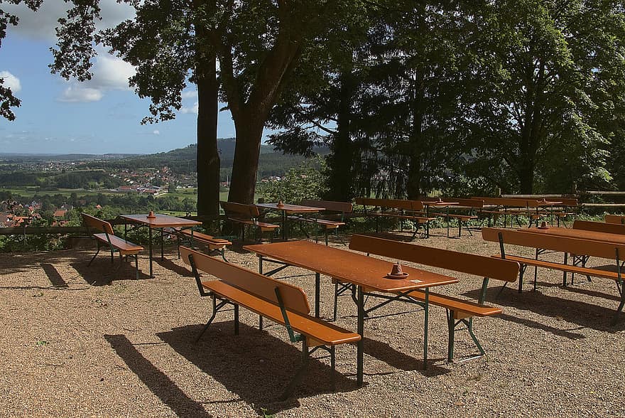 Beer Garden, Dining Tables, Benches, Al Fresco, Outdoors, Tables, Seats, Trees, View, Town, Upper Franconia