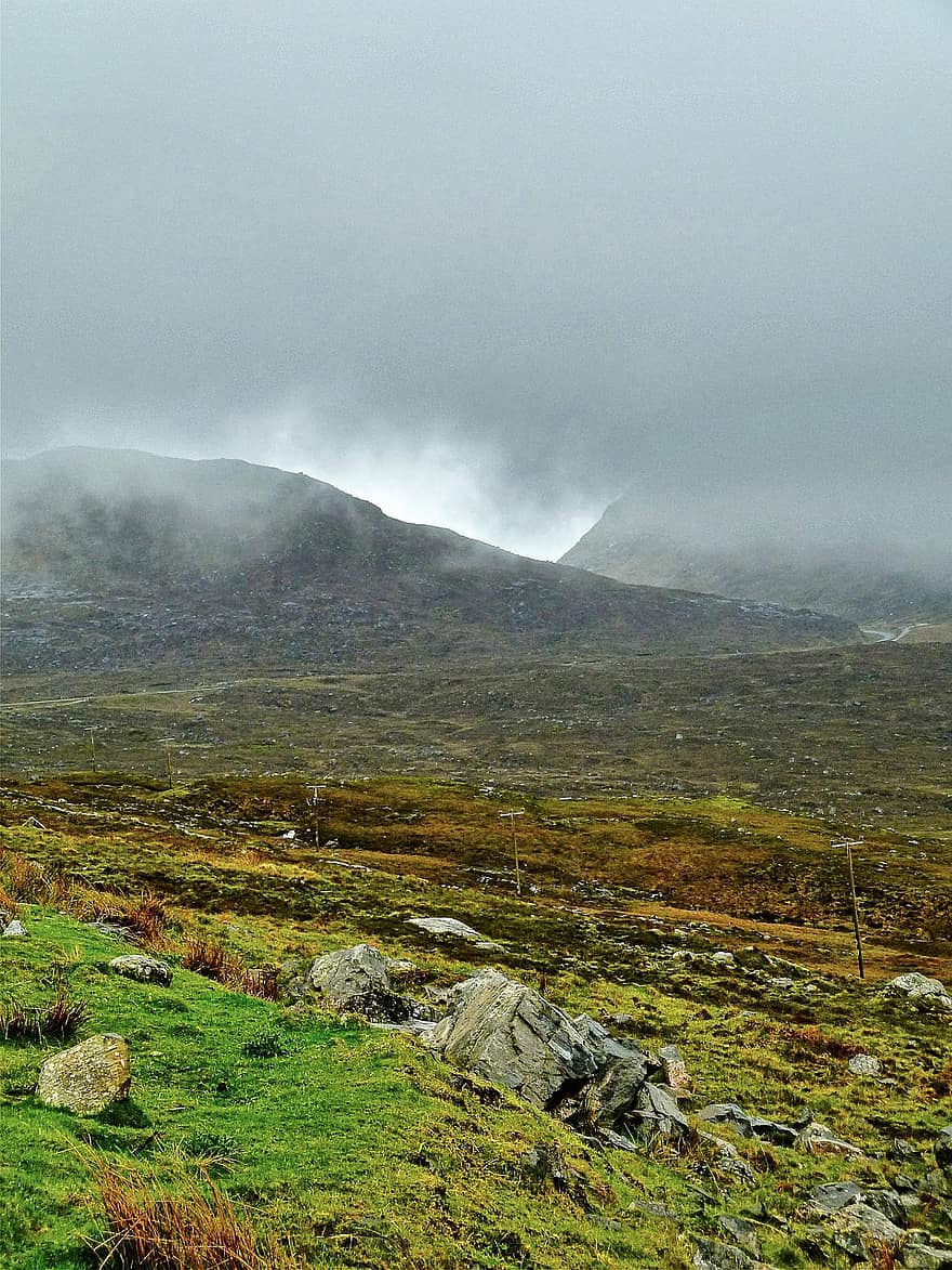 núi, hoang vu, sương mù, scotland, phong cảnh