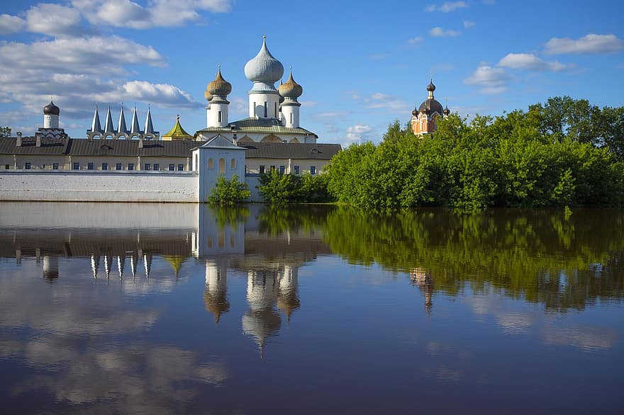 kerk, rivier-, Dormition-klooster, tikhvin, Tichvinka, oud, religie, architectuur, Klooster van de Assumptie, overstroming