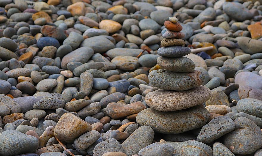 pedras, seixos, rochas, de praia, mar, costa, natureza, zen, calma, equilibrar, à beira-mar