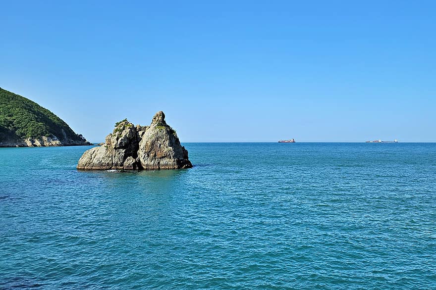 mar, navios, ilha, rochas, céu, oceano, horizonte, formações rochosas, vista do mar, mar azul
