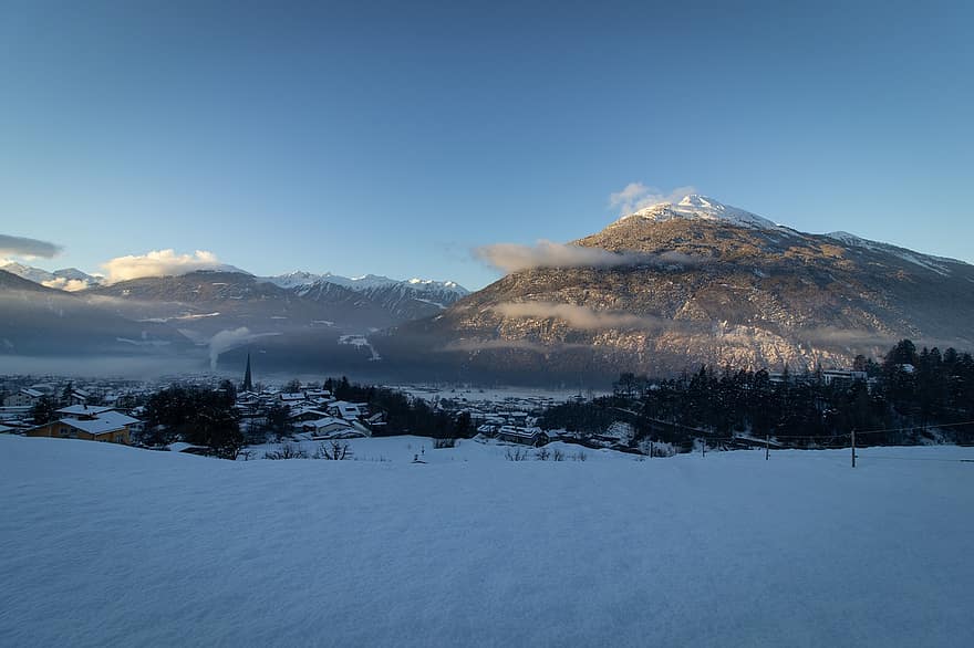 gunung, lembah, pohon, salju, pegunungan Alpen, kabut, berkabut, dingin, langit, awan, Austria