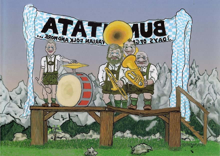 Bayern, Volksmusik, Tuba, Musiker, Tradition, traditionell, Bummtata, Karikatur, Zeichnung