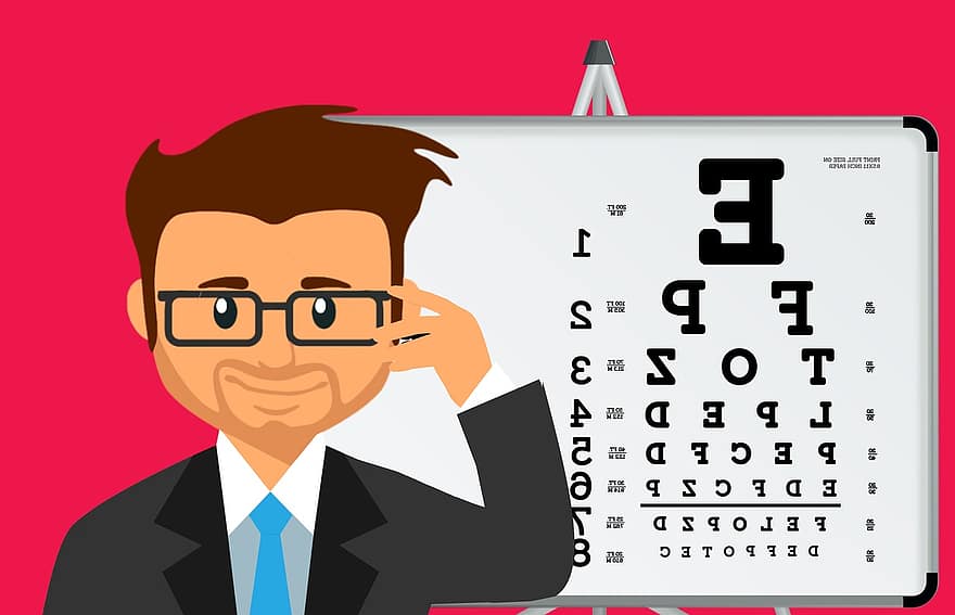 Eye, Test, Glasses, Man, Ophthalmologist, Happy, Characters, Reading, Chart, Vision, Medical