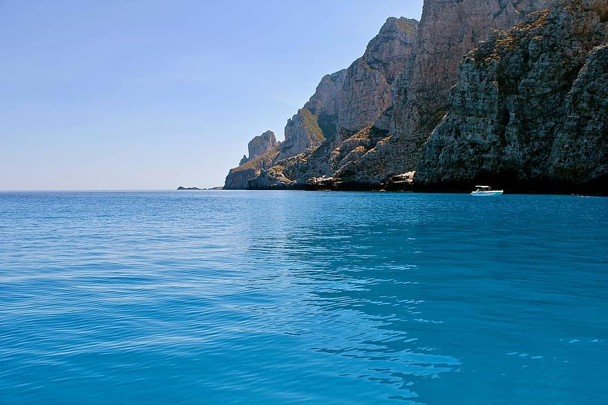 båt, bergarter, hav, øy, Sicilia, Italia, himmel, vann, rolig, fredelig, stille