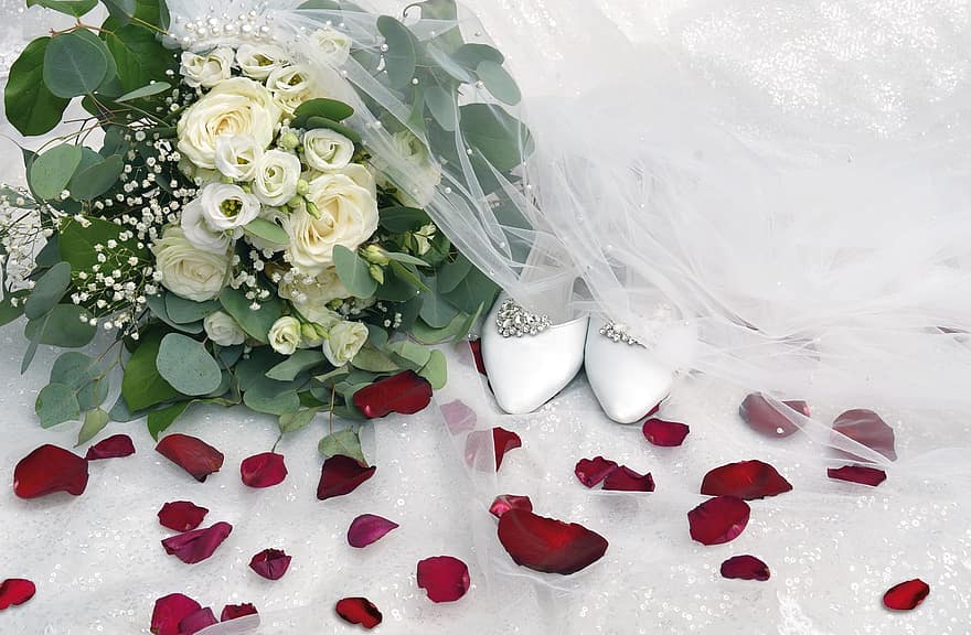 булчински букет, сватбени обувки, воал, страхотен, розови листенца, сватба, се ожени, обичам, сватбена церемония, цветя, рози