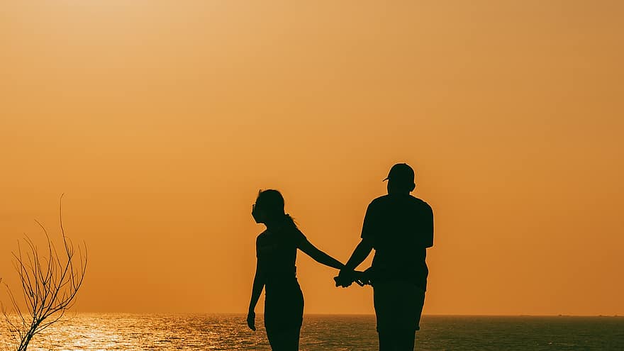 cinta, jantung, pasangan, hubungan, pria, wanita, matahari terbenam, romantis, langit, samudra, pantai