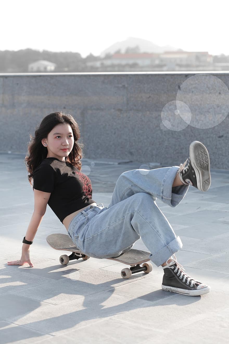 Fashion, Girl, Skateboard, Teen, Teenager, Young, Woman, Style, Pose, Outdoors, Portrait