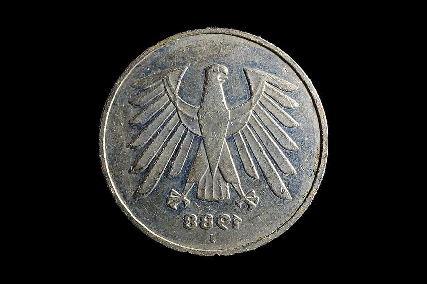 deutsche jel, érme, pénz, készpénz, pénzügy, valuta, banki, 5 német márka, szövetségi sas