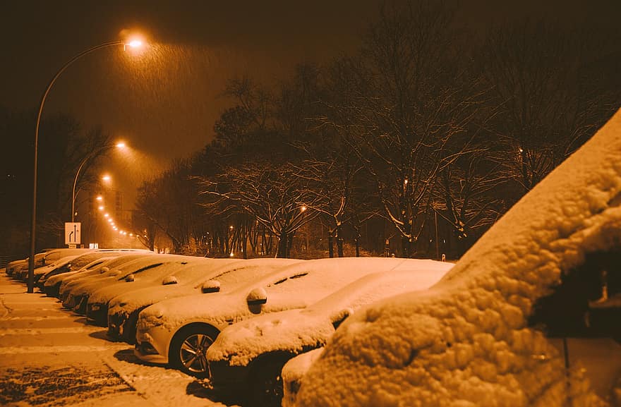 zimní, město, sníh, noc, vozidel, vozy, silnice