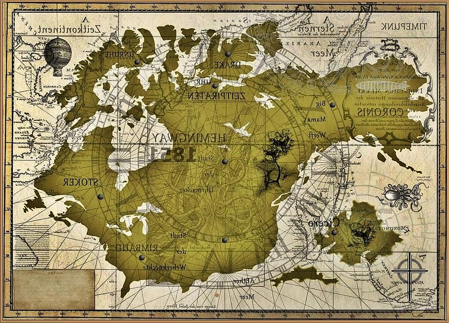 mapa, kontinentech, fantazie, moře, mapa světa, Severní Amerika, navigace