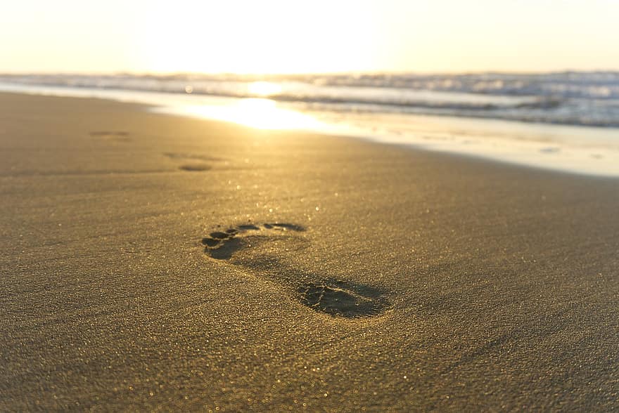 orma, sabbia, tramonto, spiaggia, riva, costa, camminare, crepuscolo