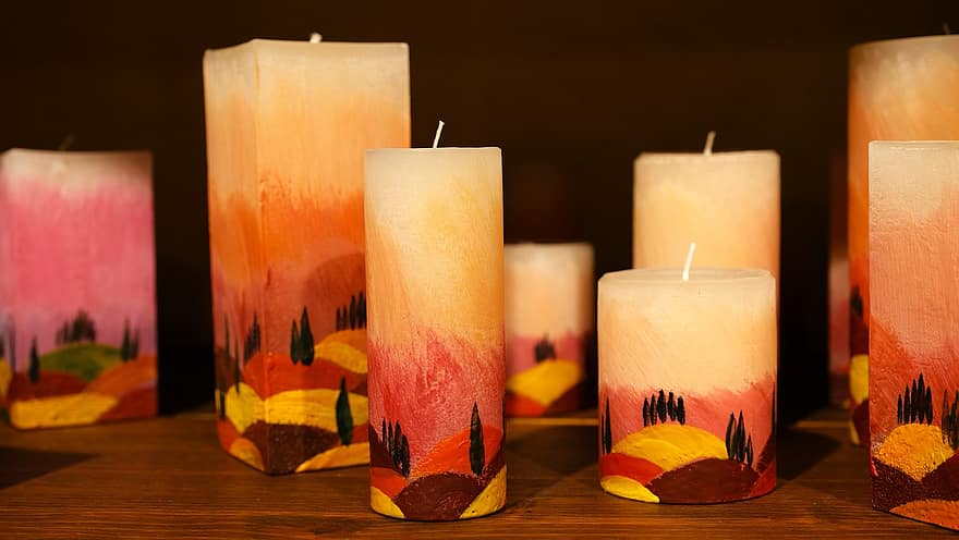 Candles, Hills, Craftsmanship, Decoration, Abstract, Drawing, Furniture, House, Pastel, Colors, Landscape