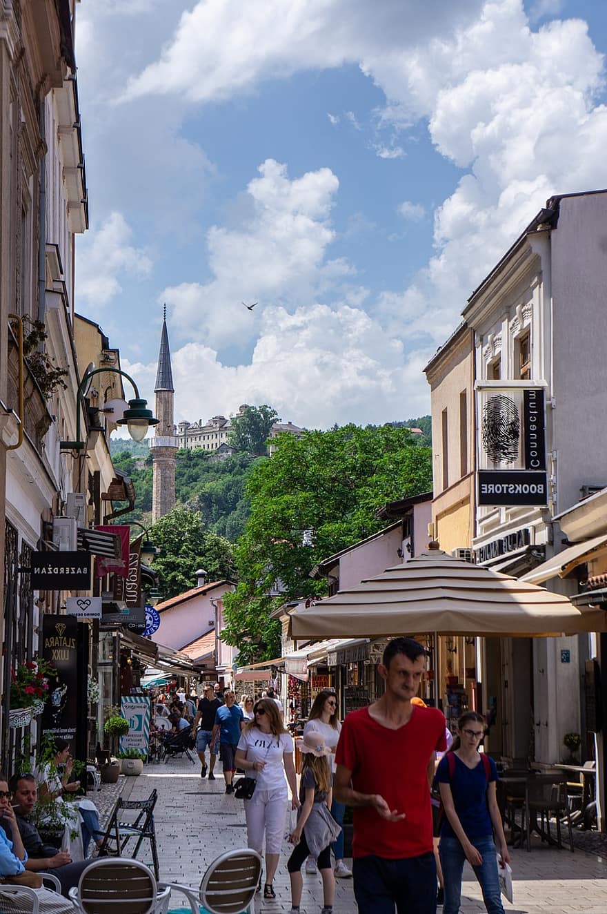 gade, bygninger, mennesker, by-, by, kapital, arkitektur, Bosnien-Hercegovina, Sarajevo