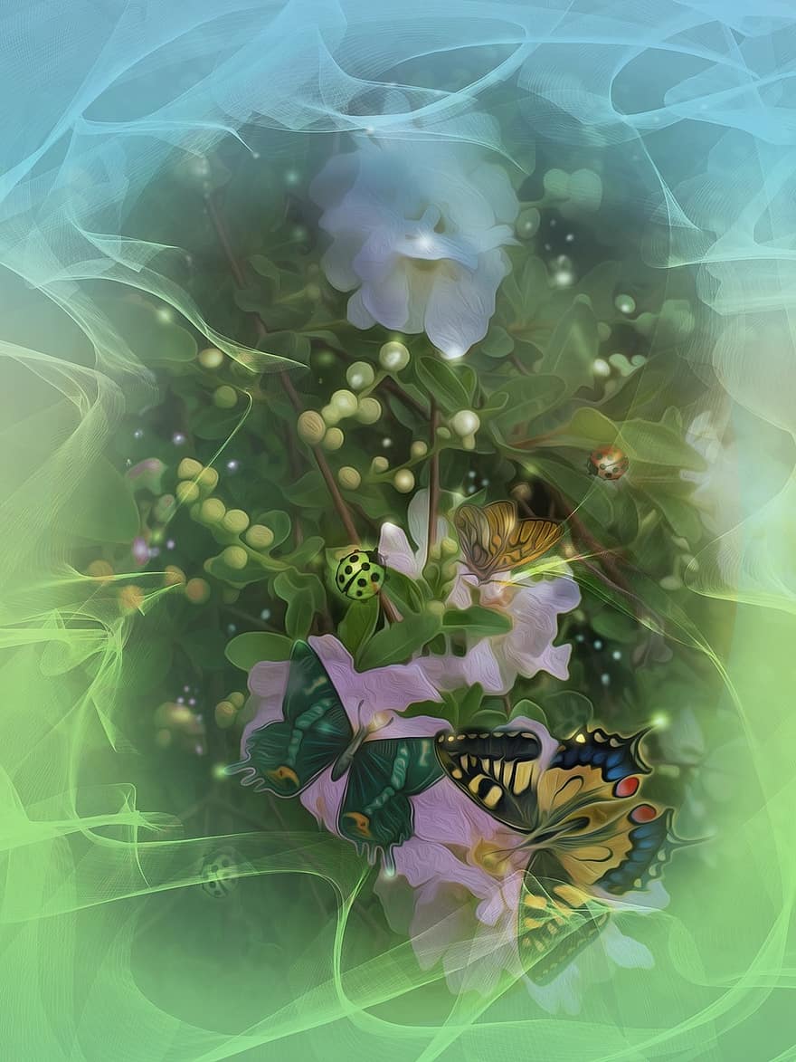 primavera, il·lustració, marieta, papallones, fantasia, mapa, jardí, a l'aire lliure, insectes, flor, verd