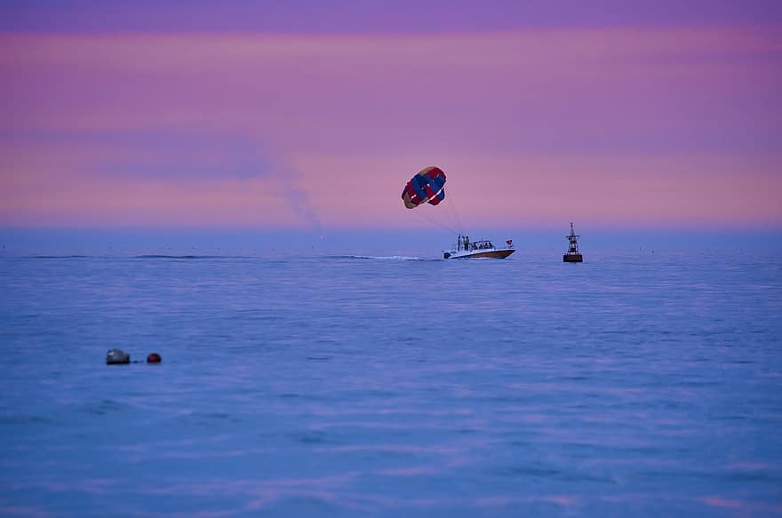 Boat, Sea, Paragliding, Sunset, Sailboat, Motorboat
