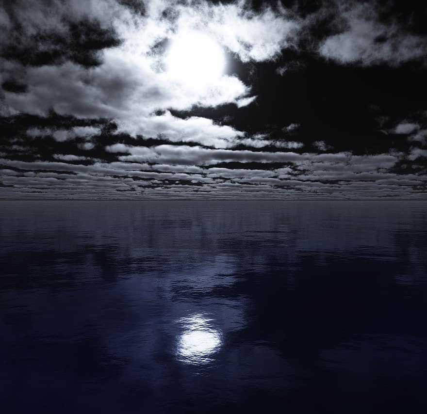 nat, hav, måneskin, skyer, sø, mørk, sort, lys, blå, vand, afspejling
