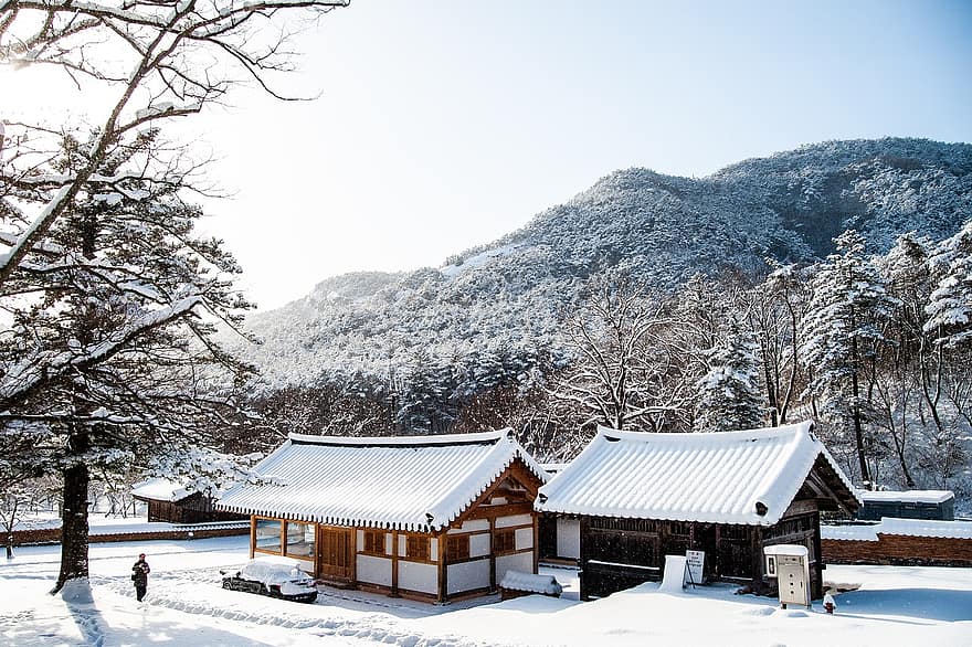 Kuil, Korea, musim dingin, salju, pemandangan, agama Buddha, pariwisata, perjalanan, alam, Hanok, gunung