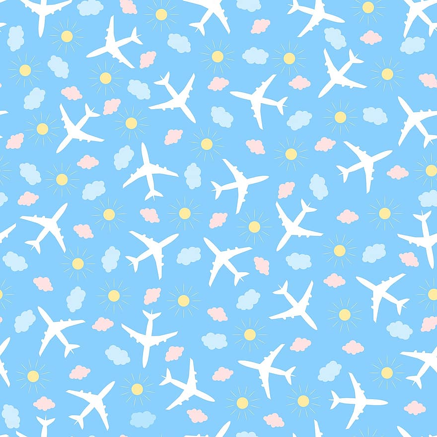 avió, cel, fons, patró, avions, sol, núvols, sense costures, blau, volant, viatjar