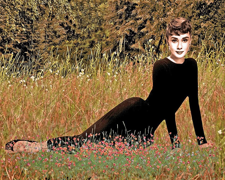 lauke, moteris, audrey hepburn, Aktorė, 1960 m, Holivudo, efektingas, žolė, kraštovaizdį, kaime, kaimo