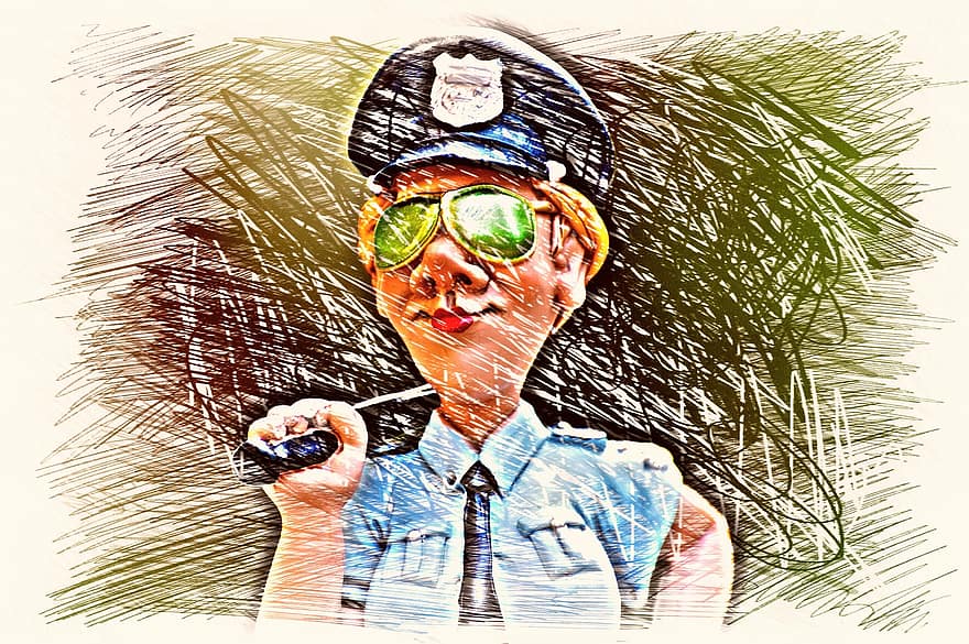 poliskvinna, polis, ritning