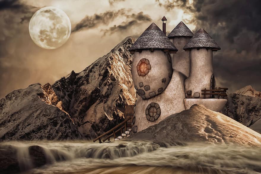 House, Fantasy, Landscape, Home, Fairytale, Nature, Imagination, Mystery, Imagine, Mountains, Water