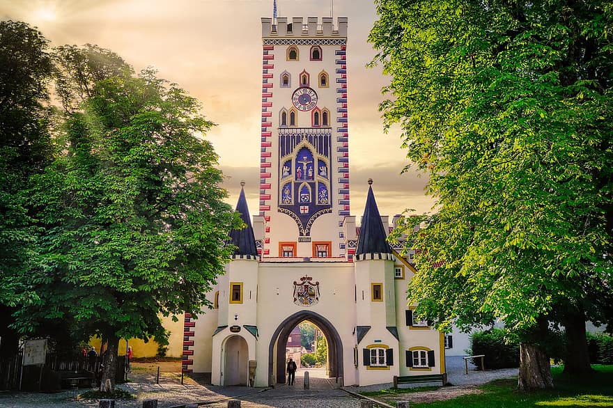 Bayertor, Landsberg, porte de la ville, historique, point de repère, architecture, bâtiment, la tour, crépuscule