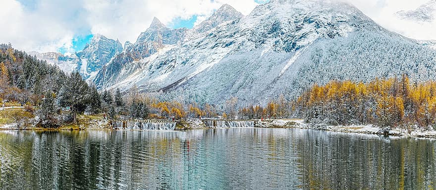 Κίνα, βουνό, λίμνη, νωρίς το χειμώνα, φύση, sichuan, χειμώνας