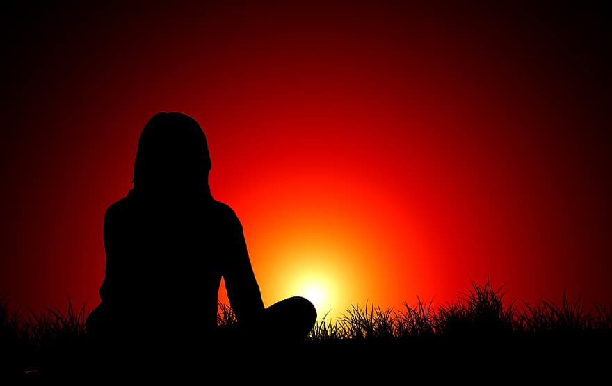 puesta de sol, mujer, silueta, meditación, noche, Abendstimmung, visita, pensar, pensando, contemplación, árbol