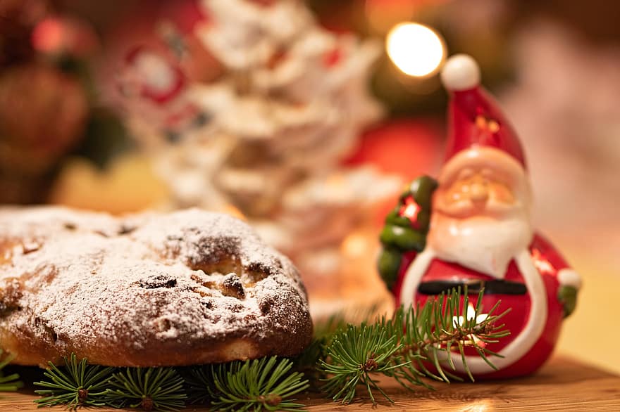 Christstollen, kek, Noel, hamur işi, pişmiş, meyve ekmeği, geleneksel, Gıda, karşılaştırma, dekorasyon, Noel Baba