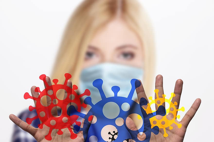 女性、フェイスマスク、ウイルス、バクテリア、COVID-19、マウス・ガード、コロナウイルス、遠くに、発生
