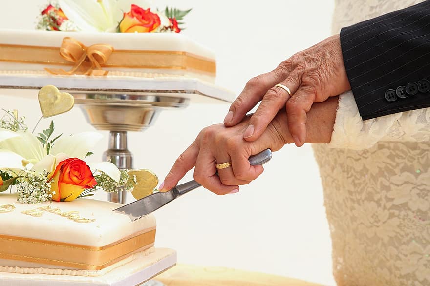 ciasto, para, nóż, rocznica, związek małżeński, ślub, jedzenie, dekoracje, wydarzenie towarzyskie