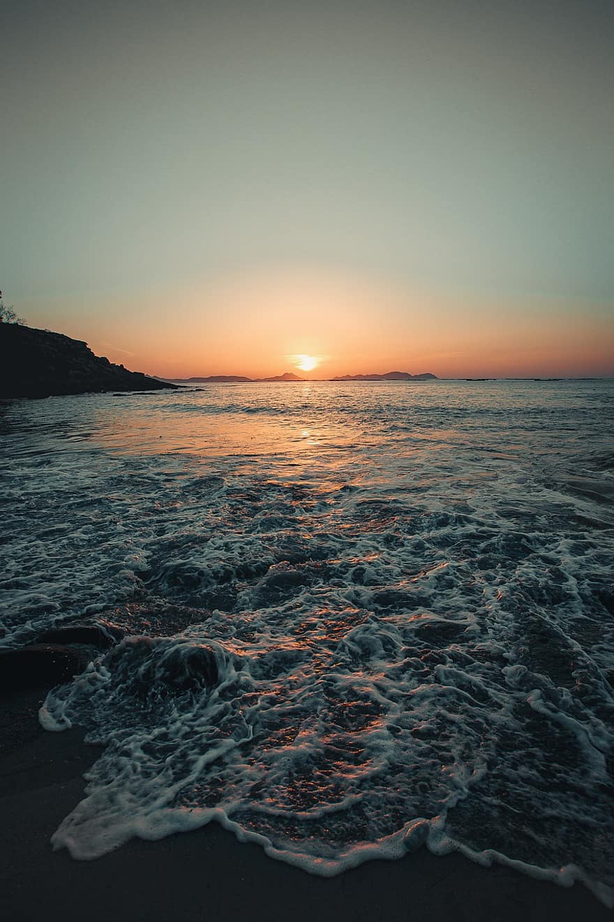 solnedgang, Strand, vann, ferie, dom, landskap, bølger, sand, hav, himmel, sommer