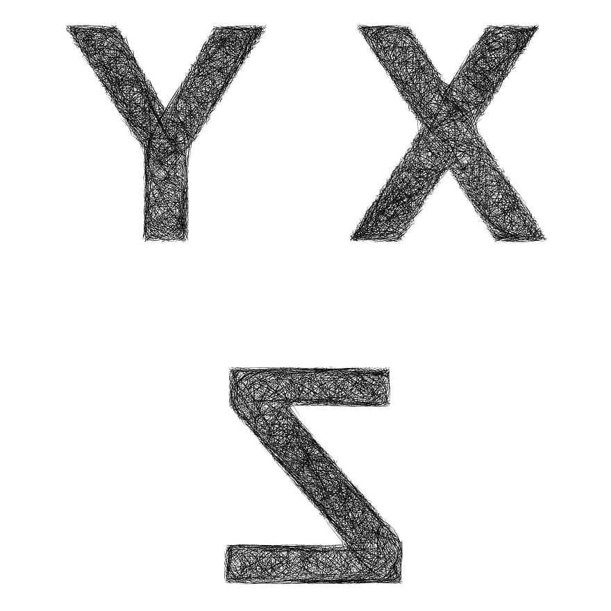 x, y, z, surat, fonta, sketsa, alfabet, tanda, simbol, logo, tipografi