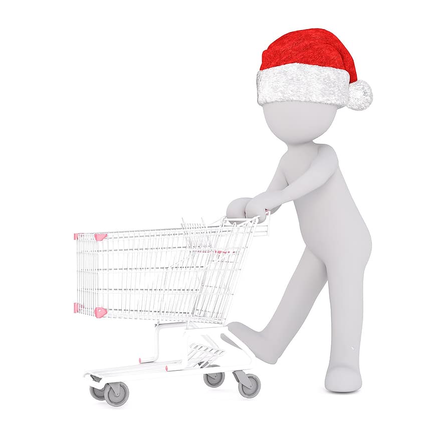Navidad, hombre blanco, cuerpo completo, sombrero de Santa, modelo 3d, compras, carrito de compras, carretilla, adquisitivo, supermercado, carro