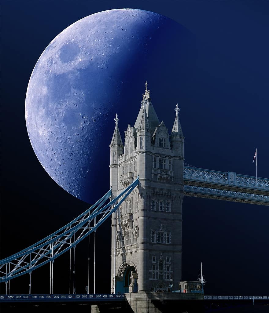 타워 브리지, 런던, 달, 줌, 구름, 하늘, 밤, 루나, 보름달, 월광