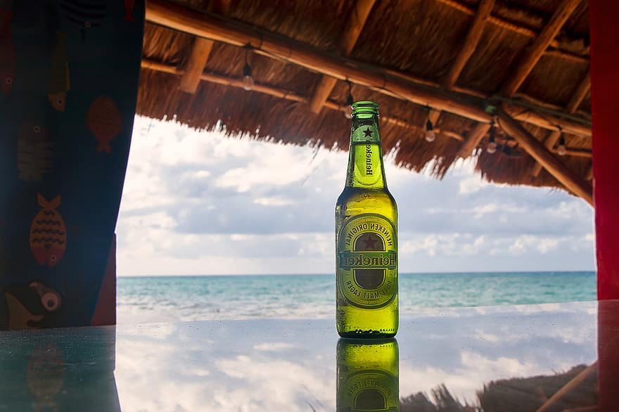 piwo, heineken, plaża, wakacje, morze, chmury, odbicie, sceniczny, drink, lato, alkohol