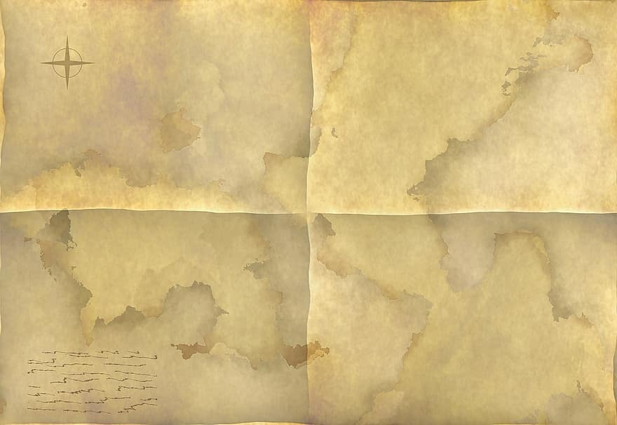 карта, разгъната, стар, земя, хартия, приключение, на възраст, безшевни, море, древен, остров